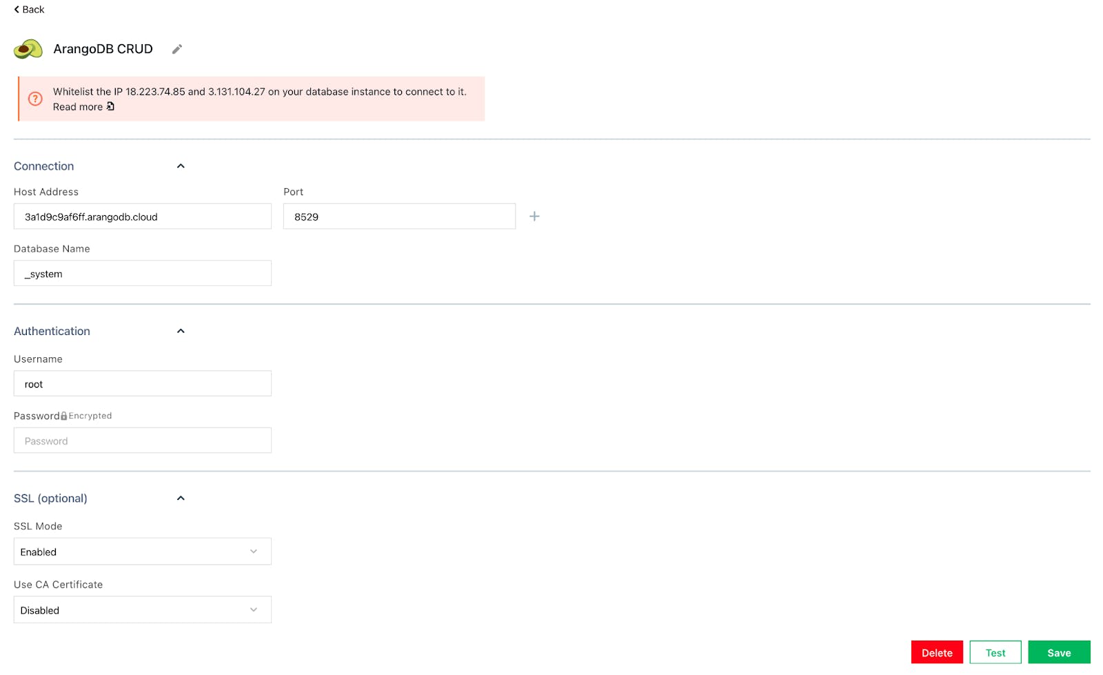 Configure ArangoDB datasource.